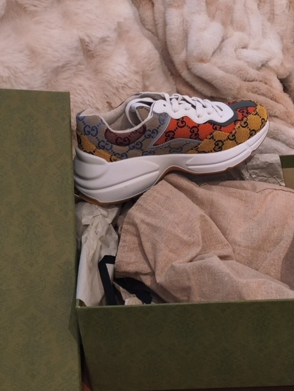 Gucci Multicolor GG Logo Rhyton Sneaker in White, Tan, Orange & Blue